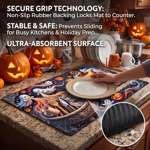 Halloween Ghost Pumpkin Dish Drying Mat - 12x20 Spooky Kitchen Decor