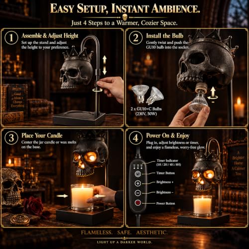 Gothic Skull Candle Warmer Lamp with Timer & Dimmer - Adjustable Height, Flameless Wax Melter