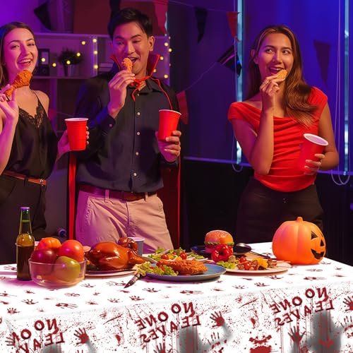 Halloween Bloody Handprint Table Cover & Backdrop Banner - Waterproof Disposable Plastic, 54x108 Inch, 3-Pack