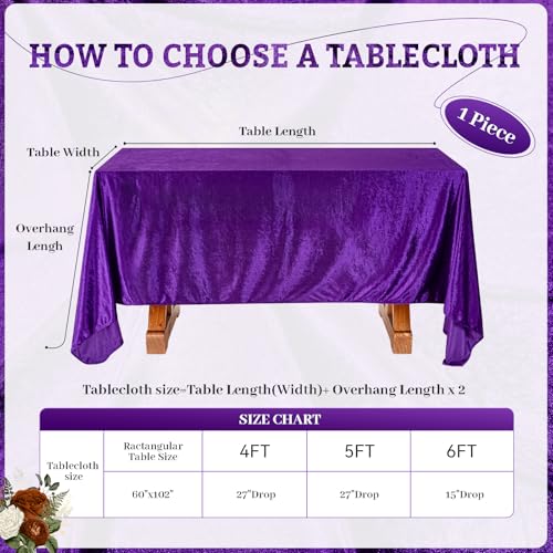 Purple Velvet Tablecloth 60x102 Inches Luxurious Rectangular Cover - Purple / 102x60