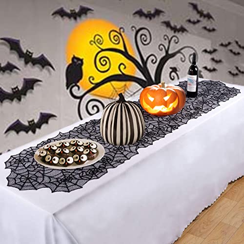 Halloween Lace Table Runner 2 Pack - Black Spider Web Design, 80x20 Inches for Party Decor
