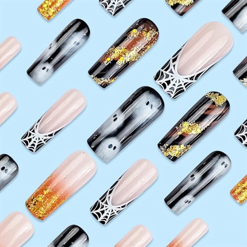 Halloween Press On Nails Long Square Shape White Spider Web Design - Variation of THIS listing