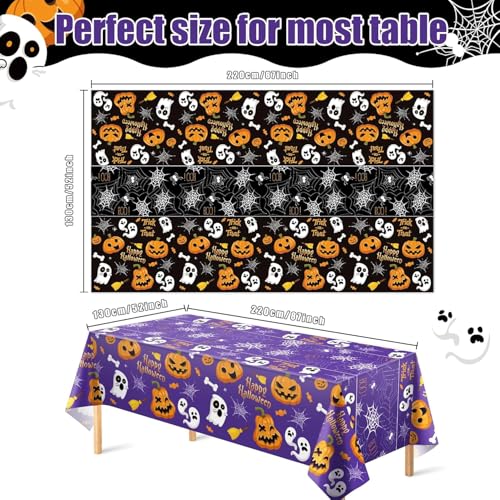 Halloween Tablecloth - Purple Ghost Spider Web Pumpkin 52x87in Disposable Plastic Table Cover - Style4