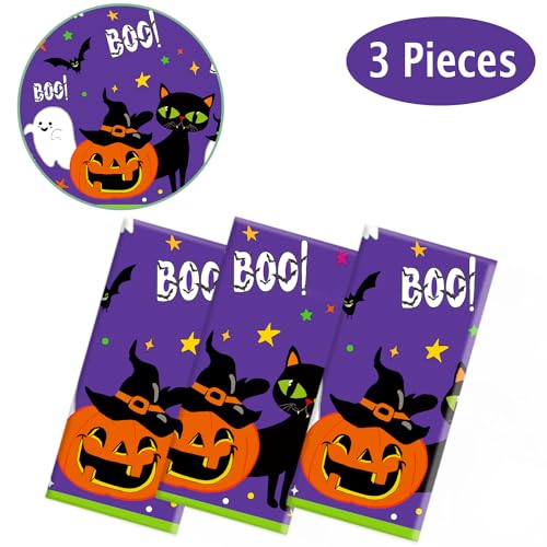 Halloween Tablecloth 3 Pack - Large Bats & Pumpkin Disposable Plastic Cover - 54x108 Inch - Halloween