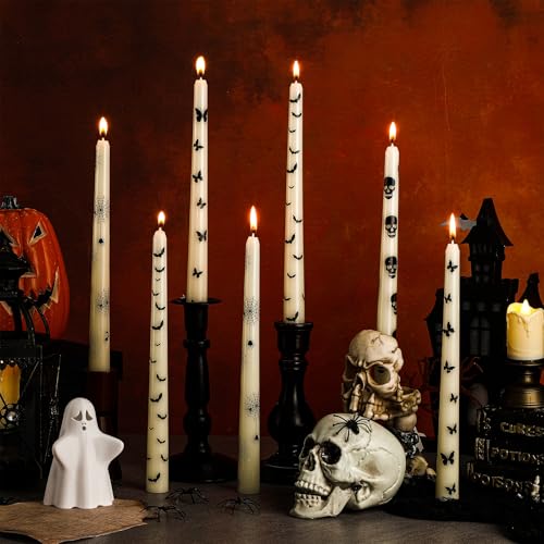 Halloween Taper Candles - 12 Pcs Ghost, Skull, Bat & Spider Web Styles, 10.6 Inch