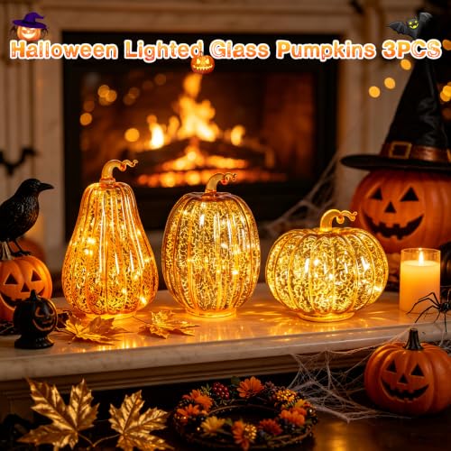 Lighted Mercury Glass Pumpkins Set - Gold Halloween Fall Decor 3pcs
