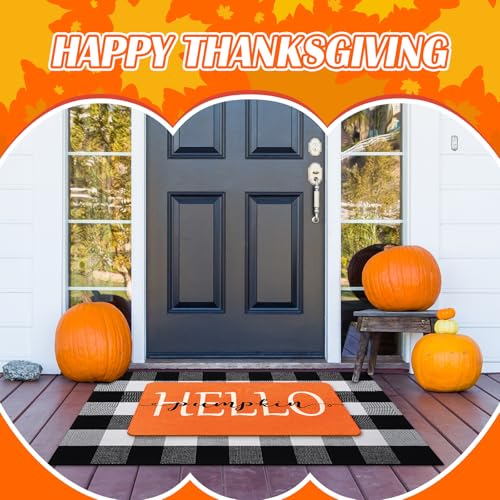Fall Welcome Door Mats Set - Hello Pumpkin & Buffalo Check Outdoor Rug 30x18 & 43x27 Inches