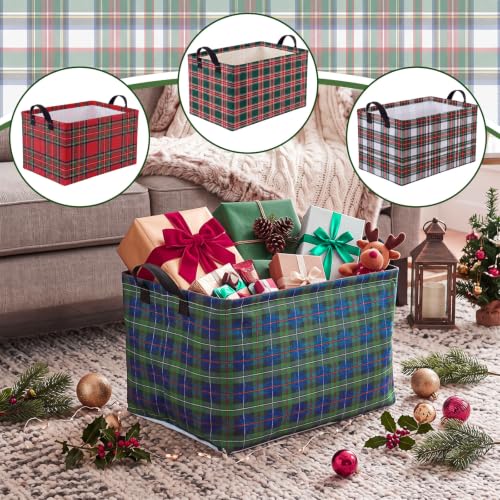 Christmas Plaid Storage Baskets Set - Collapsible Gift Bins with Handles - 4 Styles, Durable Waterproof Polyester