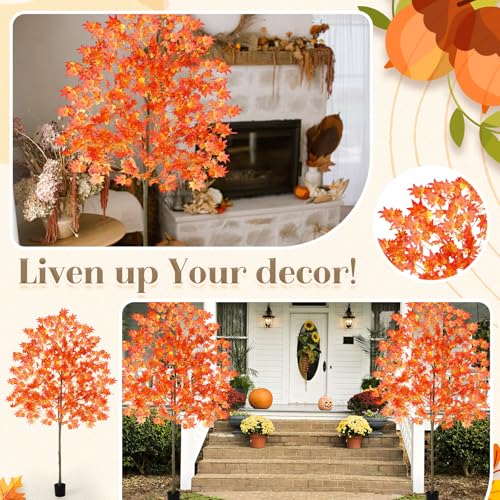 Artificial Maple Fall Tree Set - 6.6ft Orange & Yellow Faux Trees, 2 Pack - Indoor Outdoor Decor