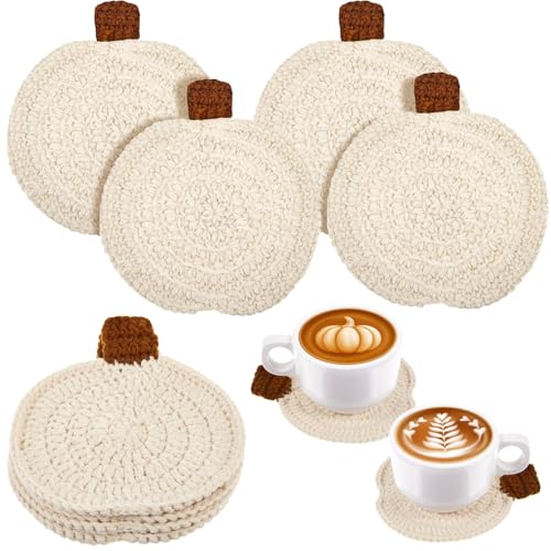 Fall Crochet Coasters Set - Pumpkin Design, Beige, 4 Pieces