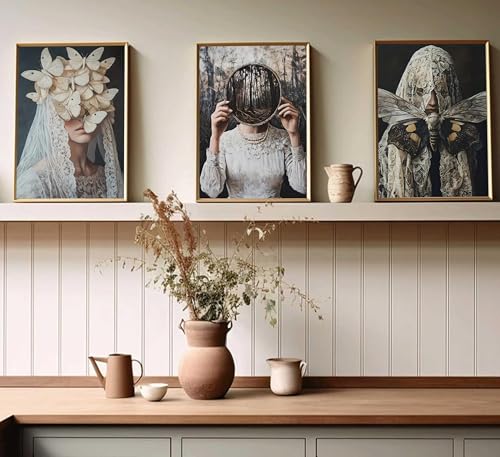 Gothic Canvas Wall Art Set of 3 - Victorian Women Butterfly Dark Decor 12x16in & 24x16in Variation