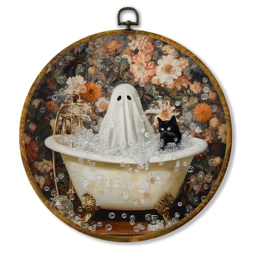 Ghost Black Cat Wall Art Decor Fall-3 - Bathroom Round Canvas 10x10 Inches