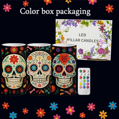 Dia De Los Muertos Flameless Candles Set with Remote Timer - 3 Pack - Variation of THIS listing
