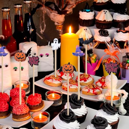 Halloween Cocktail Picks 4.7 Inch - Multicolor 100pcs Bamboo Skewers for Appetizers & Drinks