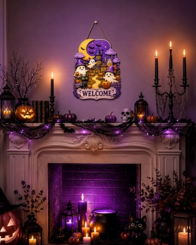 Halloween Wooden Wreath for Front Door - Purple Ghost Hanging Sign