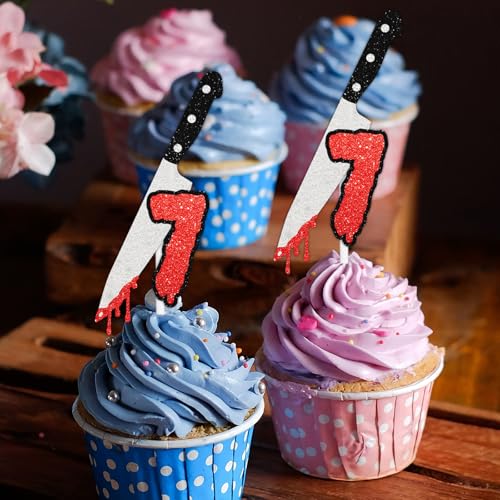 7th Birthday Cupcake Toppers Bloody Knife Slasher Theme - 18 Pack, Variation 7