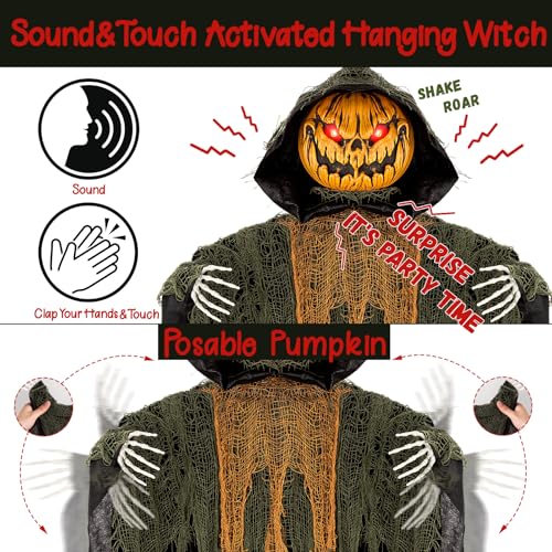 59-Inch Halloween Hanging Animatronic Pumpkin Decoration with Sound Activation - Pumpkin Variation