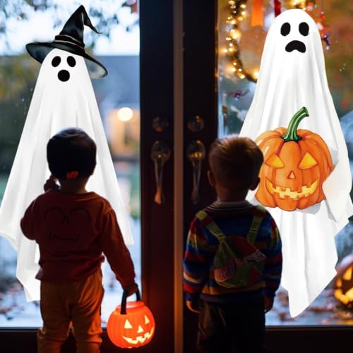 Halloween Ghost Window Clings - Extra Large 35.4 x 13.8 Inch Decals - Pack of 4 - Ghost, Witch Hat & Pumpkin Design - Reusable PVC for Home & Party Decor - Variation: Halloween