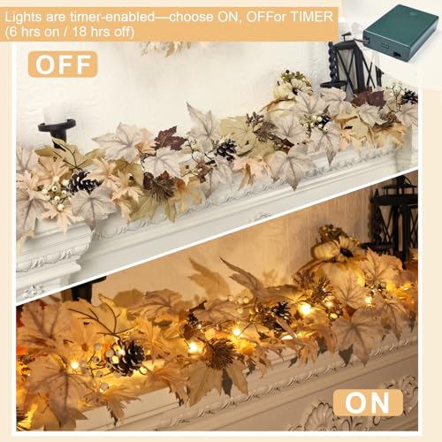 6 Ft Fall Garland with Lights - Real Touch Leaves Berries Pine Cones - Beige