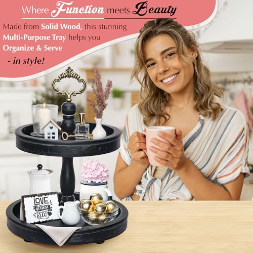 12.6 Inch Black 2-Tier Rustic Tray Stand with 3 Changeable Handles for Kitchen & Home Decor