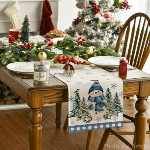 Blue Snowman Winter Table Runner 13x36 Inch Home Decor - Artoid Mode