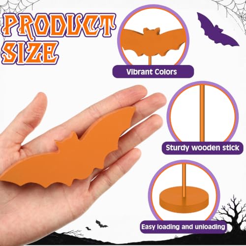 Halloween Wooden Bat Decorations Set - Purple & Orange, 6 Pieces with Stand