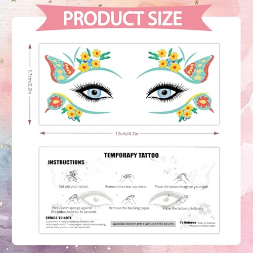 Temporary Eye Tattoo Stickers - 24 Sheets Waterproof & Easy to Apply for Party & Costume Makeup