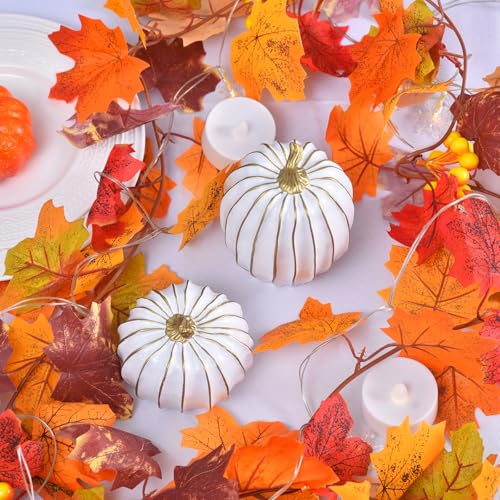 White Fall Pumpkin Decor Set - 2 Resin Pumpkins with Gold Stems for Home
