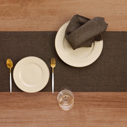 Pure Linen Table Runner Brown 14 x 132 Inches - Athena by Solino Home, Chambray Variation