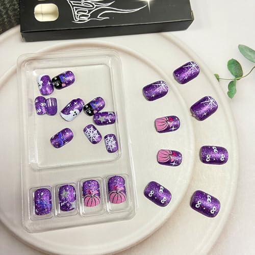 Halloween Press on Nails Short Square Fake Nails with Pumpkin Spider Web Ghost Bat Designs Purple Glitter - Variation 2