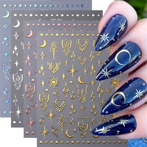 Self-Adhesive Star Nail Stickers - Silver & Gold Aurora Moon Design, Style B