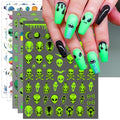 Glow in the Dark Alien Nail Art Stickers - ET UFO Space Manicure Decals, 6 Sheets