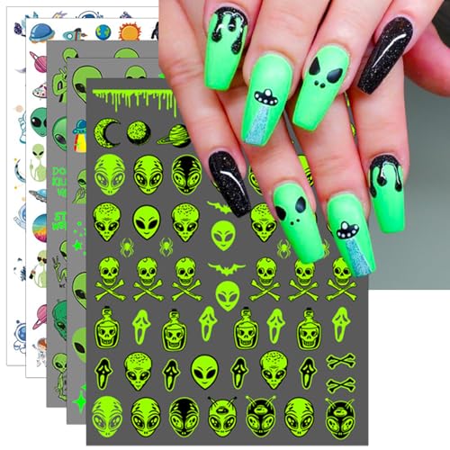 Glow in the Dark Alien Nail Art Stickers - ET UFO Space Manicure Decals, 6 Sheets