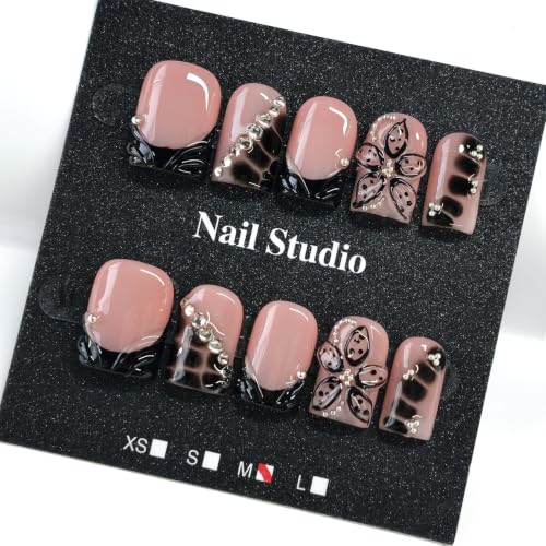 Press On Nails Short Square French Tip with 3D Flower Leopard Rhinestone Black Glossy Reusable Set Style28 M