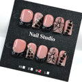 Press On Nails Short Square French Tip with 3D Flower Leopard Rhinestone Black Glossy Reusable Set Style28 M