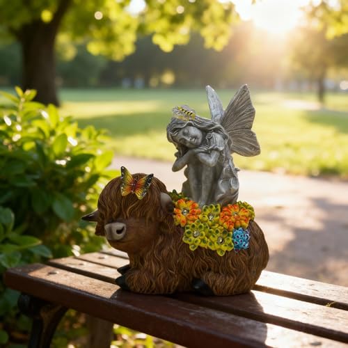 Solar Angel Sitting on Highland Cow Garden Statue with LED Lights - Outdoor Decor Gift