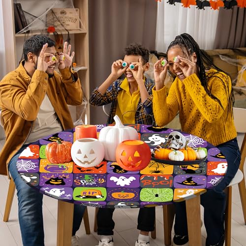 Halloween Round Fitted Tablecloth with Elastic Pumpkin Ghost Bat Web Waterproof 52 Inch Purple