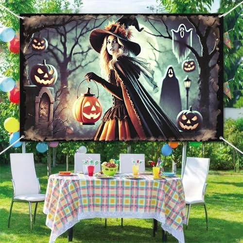 Halloween Banner Witch Ghost Lantern Backdrop 71x43 Inch - Variation #005