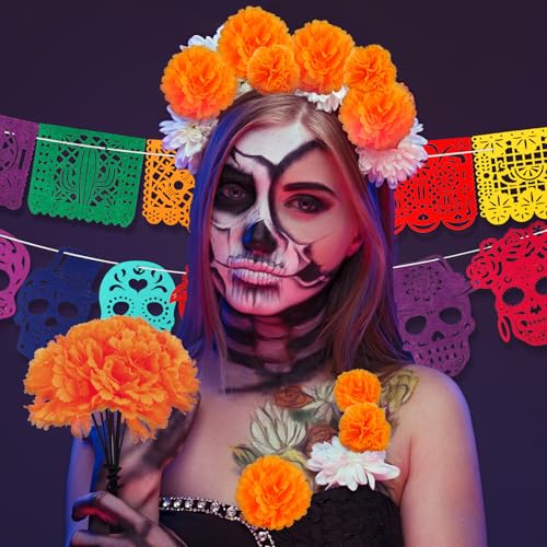 Dia De Los Muertos Decorations Ofrenda Set with Marigold Flowers & Papel Picado Banner