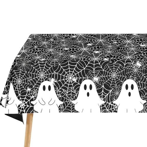 Halloween Spooky Ghost and Spider Web Tablecloth 60x84 Inch Black - Washable & Reusable