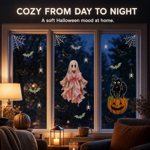 Halloween Window Clings - Cute Ghosts & Pumpkins Static Decal Set - Autumn Ghost Trio Variation