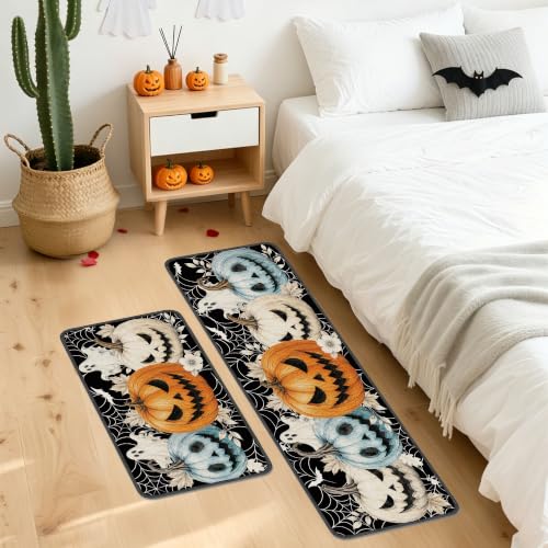 Halloween Kitchen Rugs Set - Spooky Jack O Lantern Web Floor Mats - Pumpkin Web Variation