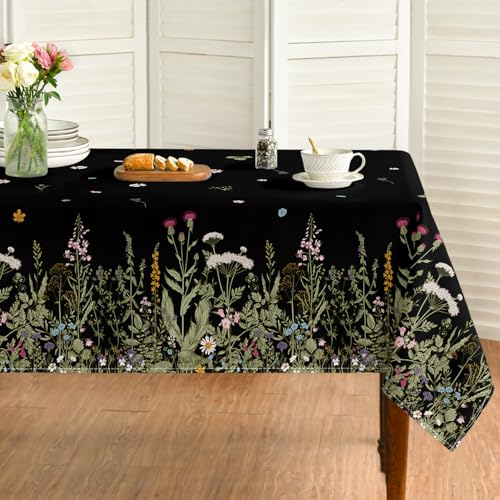 Horaldaily Spring Tablecloth 52 x 70 Inch Rectangular Black & Green Floral