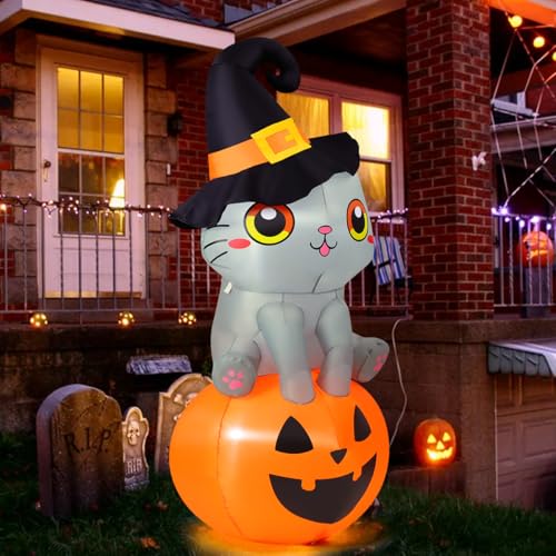6 FT Halloween Inflatable Cat with Pumpkin and LED Lights Outdoor Yard Decor