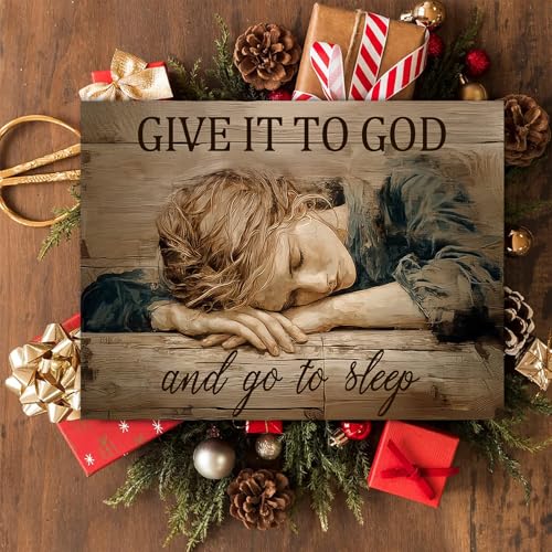 Give It To God And Go To Sleep Wall Art - Christian Bible Verse Poster 8x12 Inches with Frame - White Variation