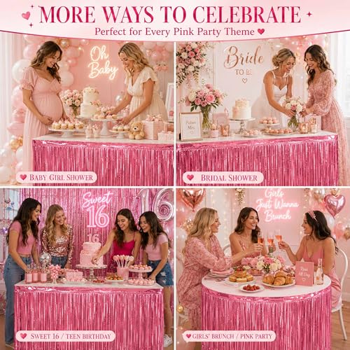 Pink Foil Fringe Table Skirt - 2 Pack, 29x108 Inch Party Decor