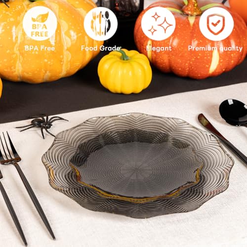 Halloween Spider Web Plastic Plates Set - Black with Gold Glitter, 60PCS