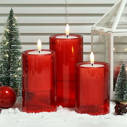 Red Glass Flameless Candles with Remote & Timer - 4x5x6 Inch Set of 3
