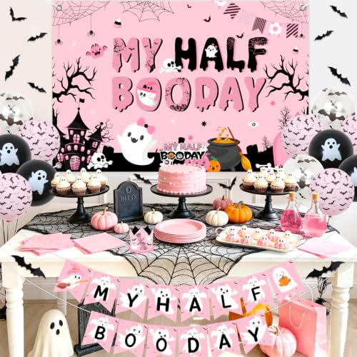 Pink and Black Halloween Half Birthday Decorations Set for Girls | Party Banner, Backdrop, Balloons & Wall Stickers