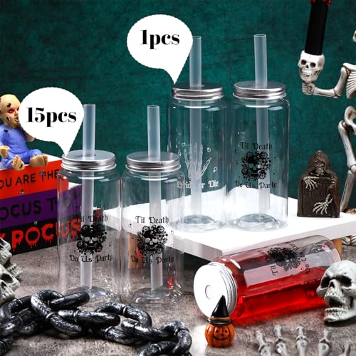 16 Pack Reusable Plastic Bachelorette Cups with Lids & Straws, 13.5 oz